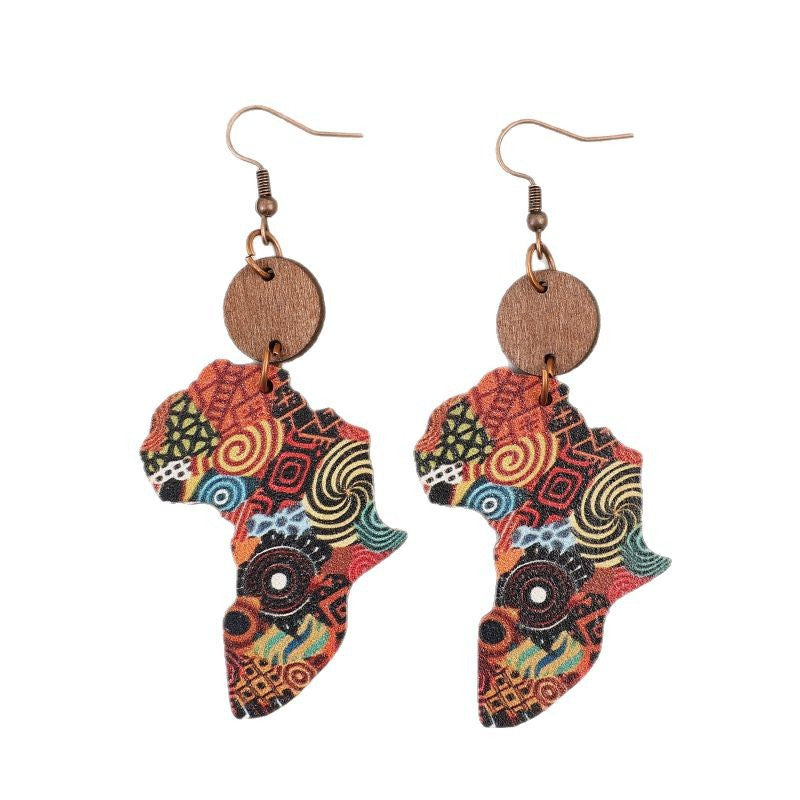 Wholesale Vintage Map Pattern Wooden Bohemian Earrings