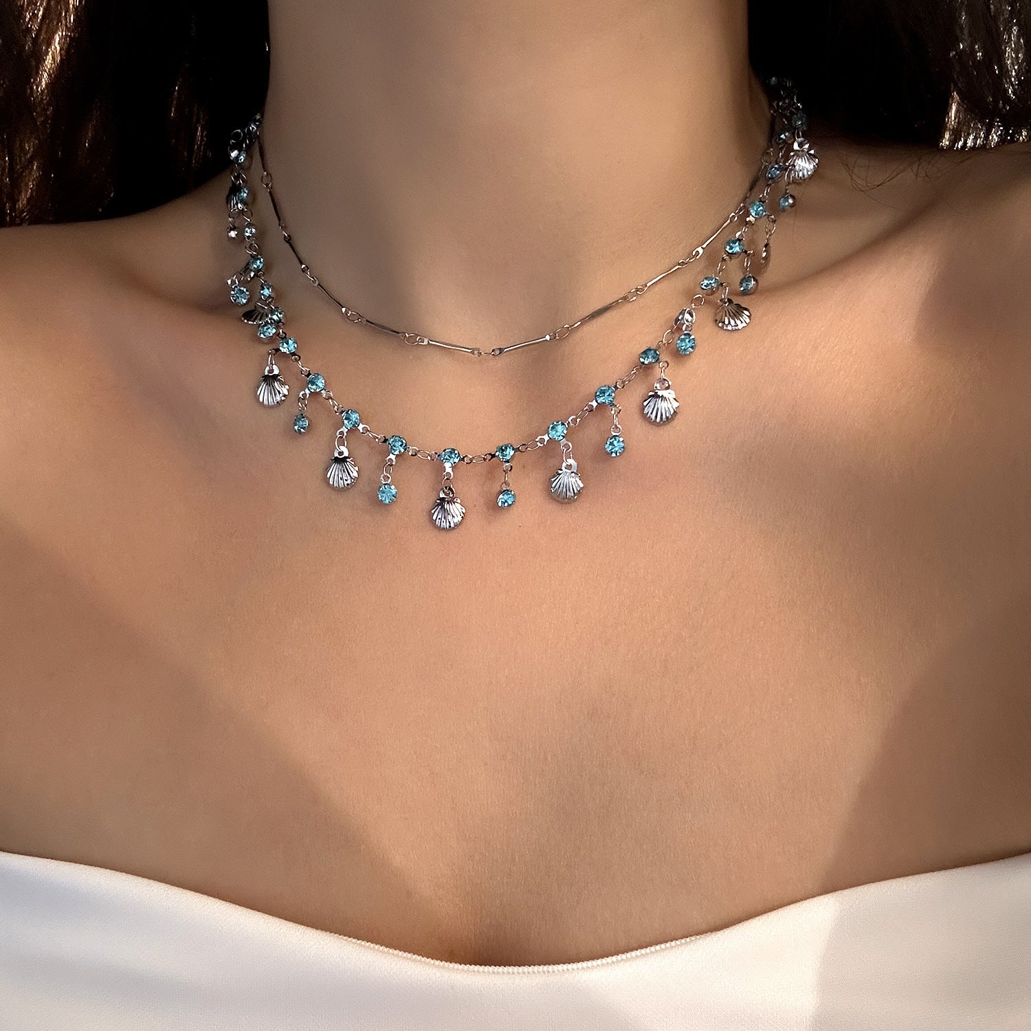 Wholesale  Blue Double-layer Butterfly Stacked Necklace