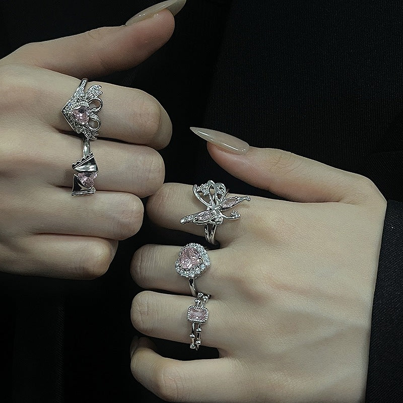 Wholesale Pink Heart Zircon Copper Butterfly Open Rings Adjustable Rings ACC-RS-JiuHao027