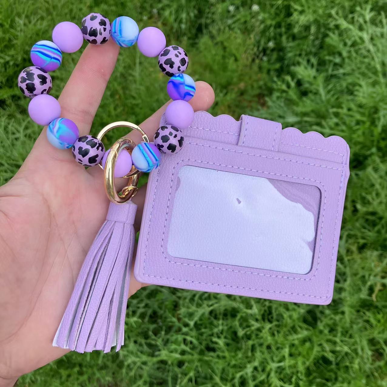 Wholesale European Retro Geometric Pattern Silicone Bead Wristlet Keychain Card Holder - Fashion Accessory for Women