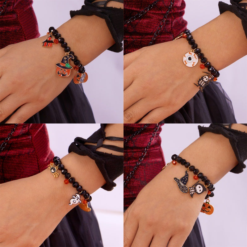 Wholesale  Ghost Pumpkin Lantern Bracelet Cartoon Bat Alloy Pendant Crystal Beaded Women' s Fashion Accessory