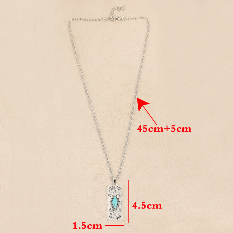 Wholesale Bohemian retro style rectangular inlaid synthetic turquoise fashion necklace