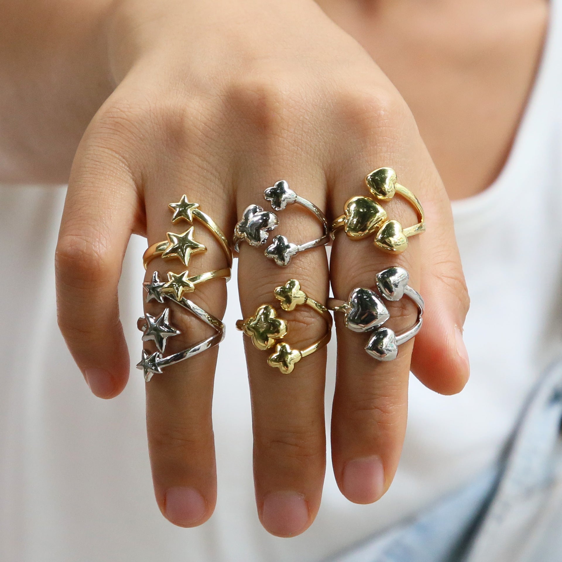 Wholesale High-End Brass Color-Preserving Glossy Large and Small Love Heart-Shaped Star Flower-Shaped Fashion Open Ring