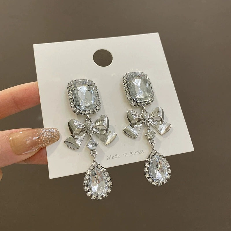 Wholesale 925 Silver Needle Exaggerated Geometric Bow Rhinestone Earrings