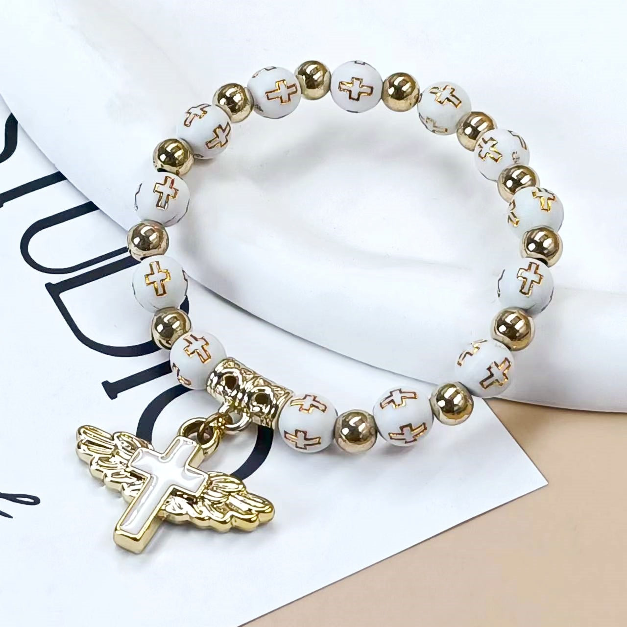 Wholesale angel wings cross beaded bracelet