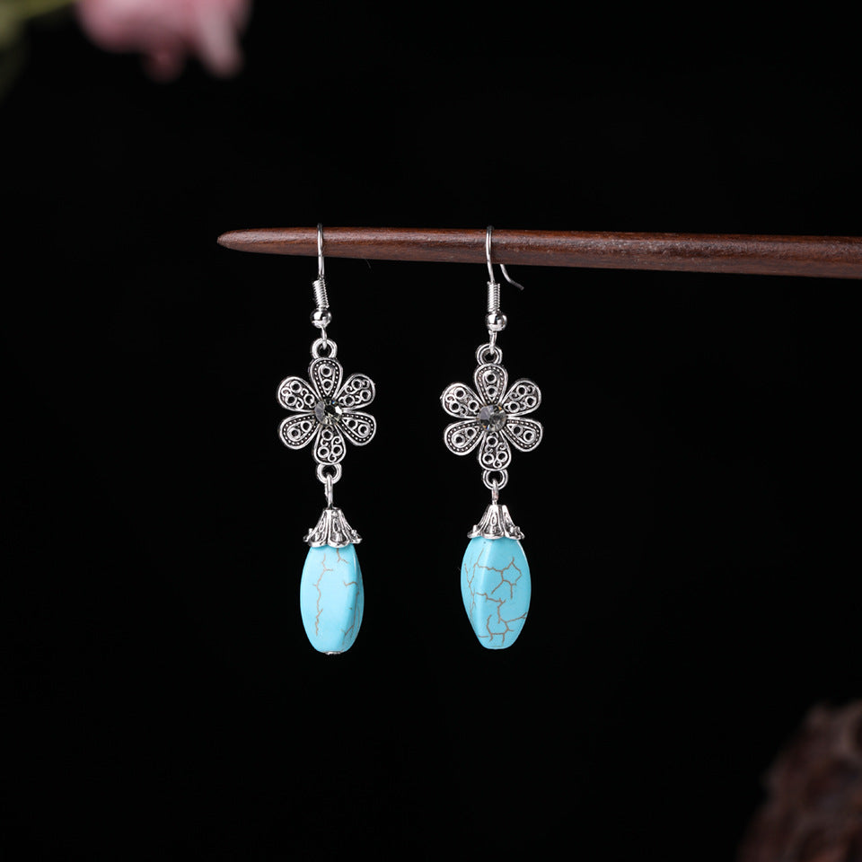 Wholesale Alloy Flower Tassel Earrings Retro Ethnic Turquoise Style Fashion Jewelry For Party Wear