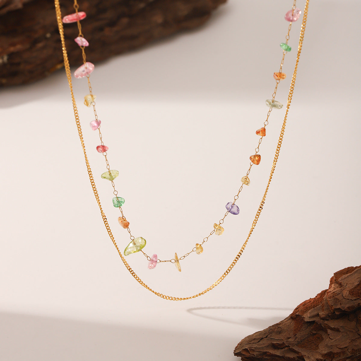 Wholesale  Stainless Steel 18K Gold Color Gravel Double Chain Necklace