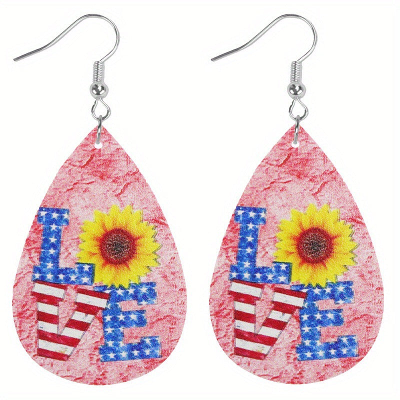 Wholesale Double-sided printing American Independence Day water drop leather earrings