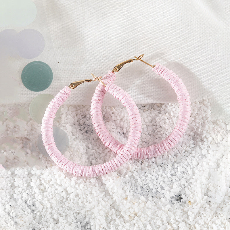 Wholesale 5pcs Bohemian Resort Style Raffia Hoop Earrings