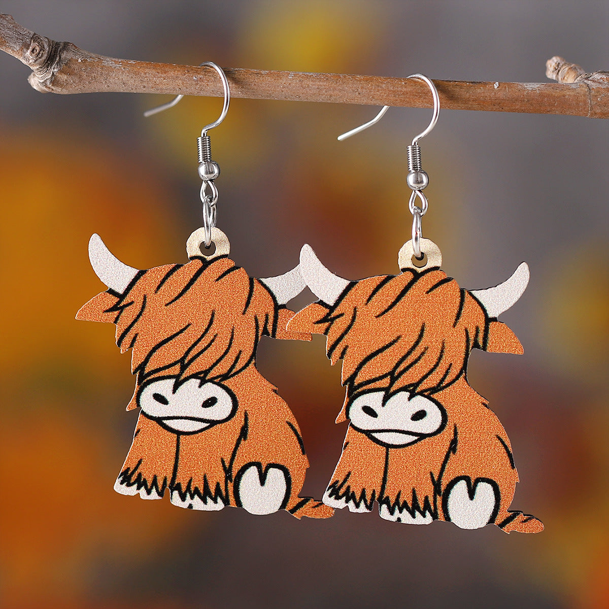 Wholesale western style retro  cow head  double-sided wooden earrings