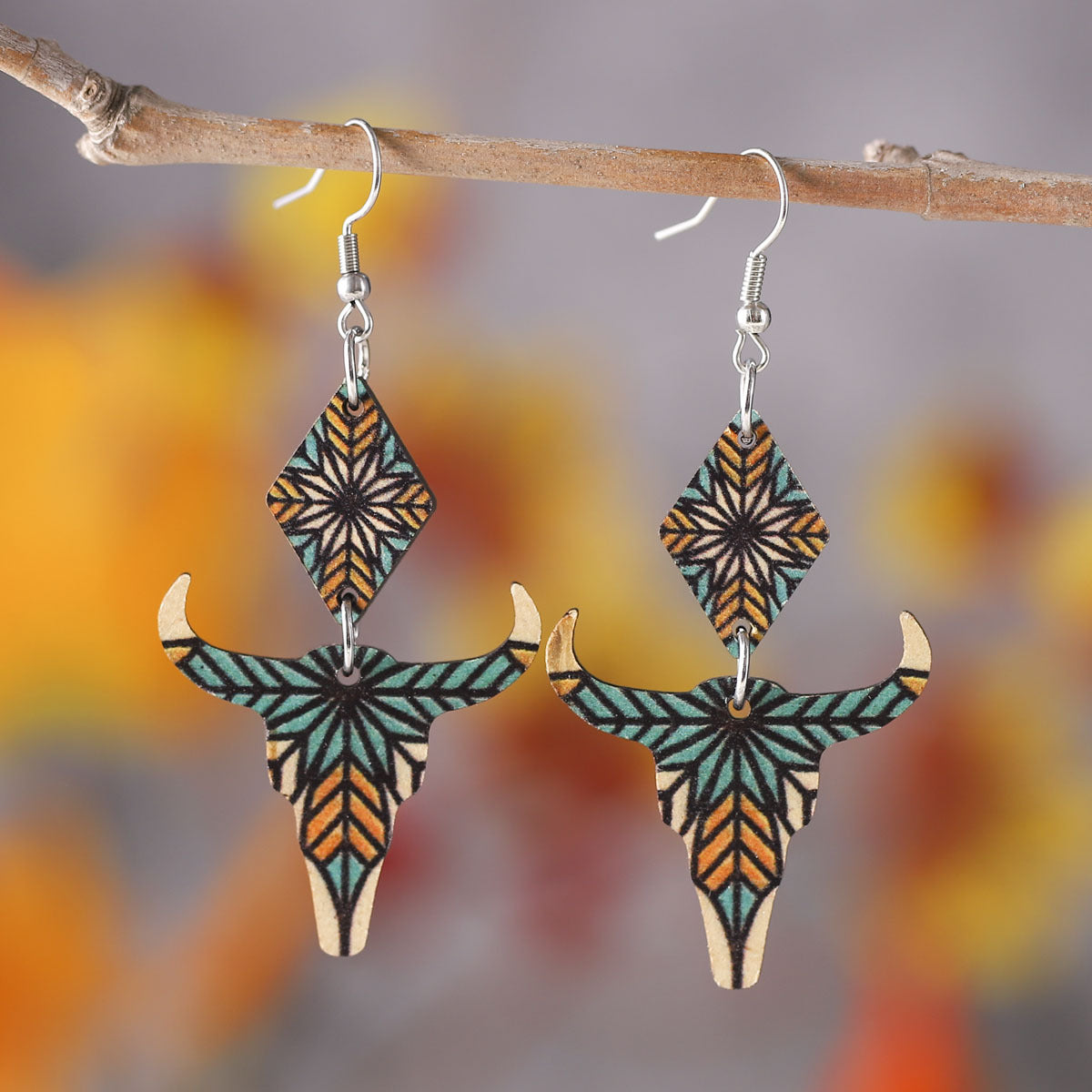 Wholesale Western Ethnic Aztec Geometric Pattern Cow Head Pendant  Double-sided Earrings