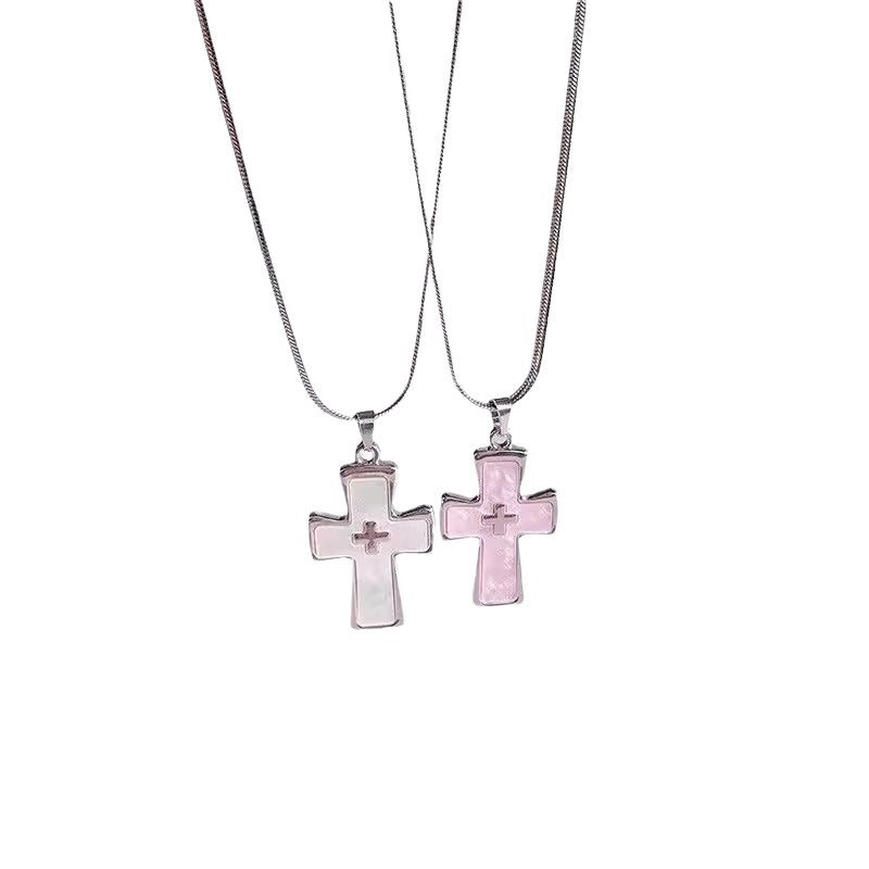 Wholesale Titanium Steel Pink Shell Cross Necklace