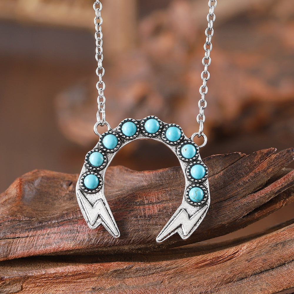 Wholesale Bohemian Style Turquoise Lightning Inlay Necklace Retro Zinc Alloy Electroplated Jewelry Accessory Boutique Resale