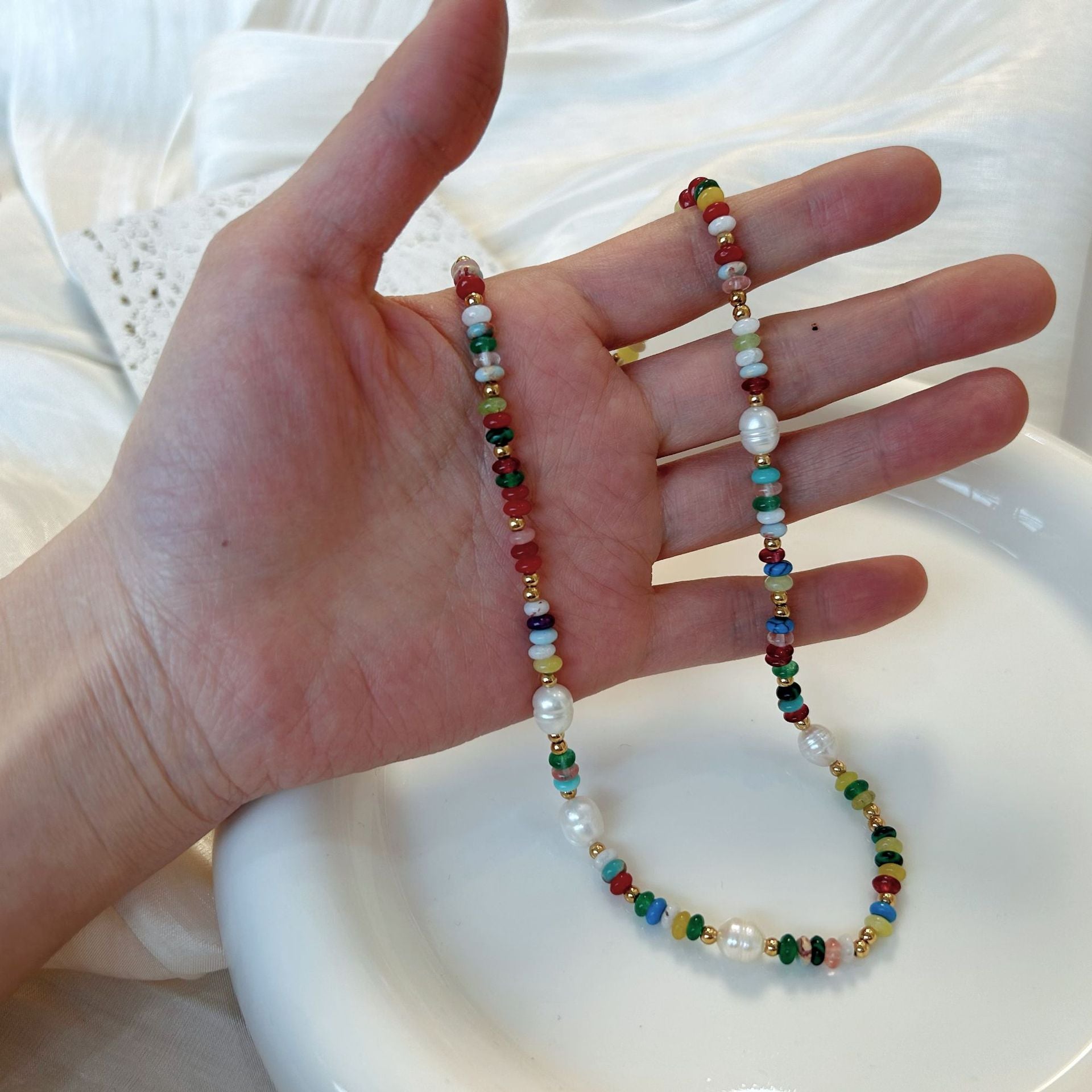 Wholesale Stainless Steel Colorful Natural Stone Pearl Beaded Necklace