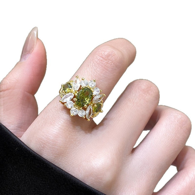 Wholesale Geometric Full Diamond Ring Adjustable Jaw in Silver Olive Green Boutique Jewelry Accessory for Everyday Wear
