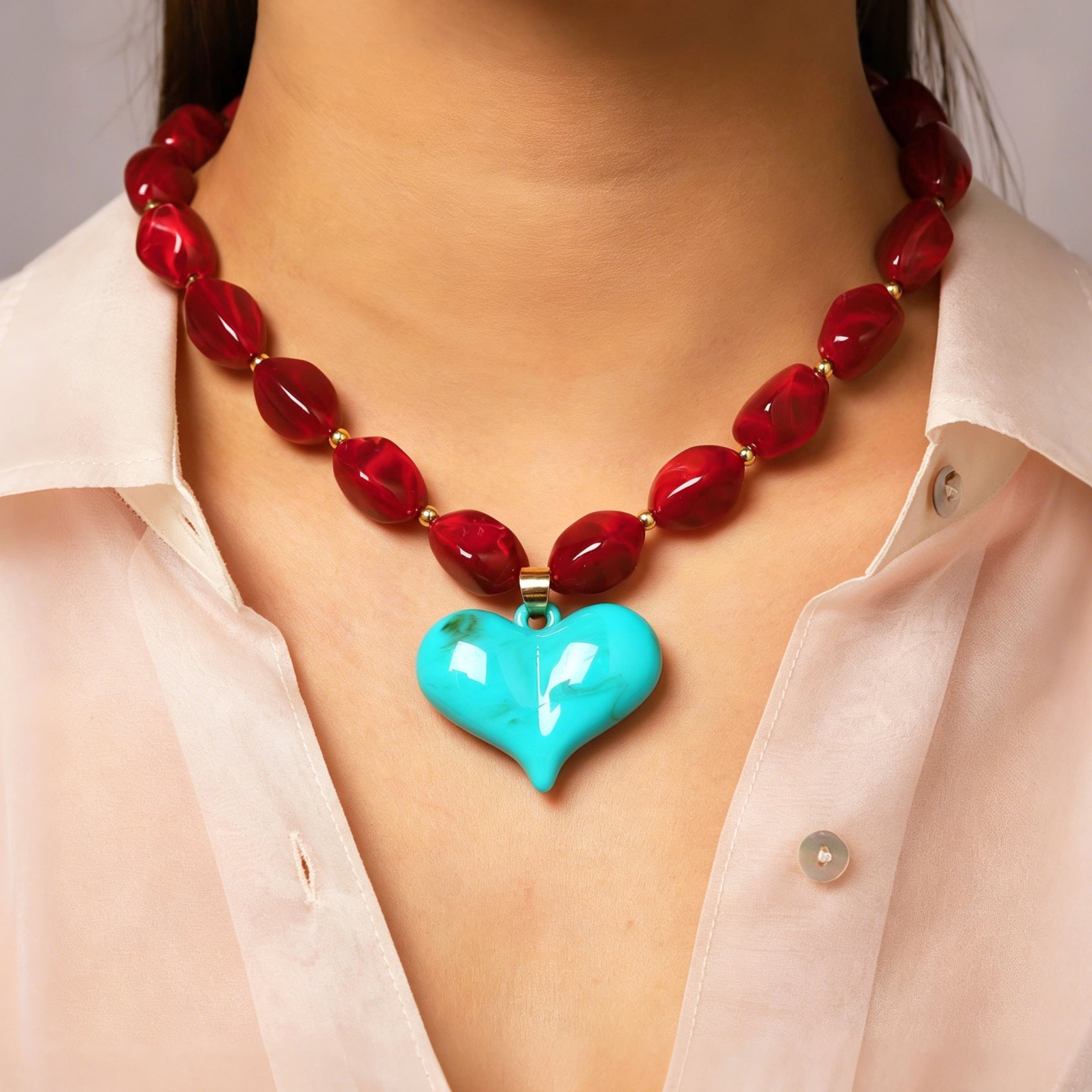 Wholesale Vacation Style Resin Heart Layered Beaded Necklace Boutique Resale