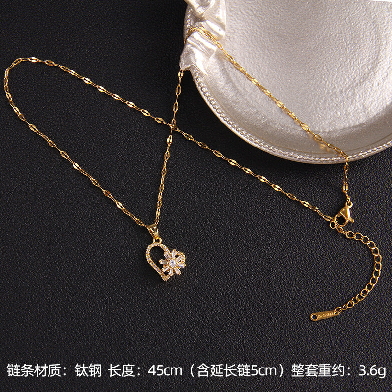 Wholesale Zircon Rotating Four Leaf Clover Flower Pendant Titanium Steel Necklace ACC-NE-Rongc006