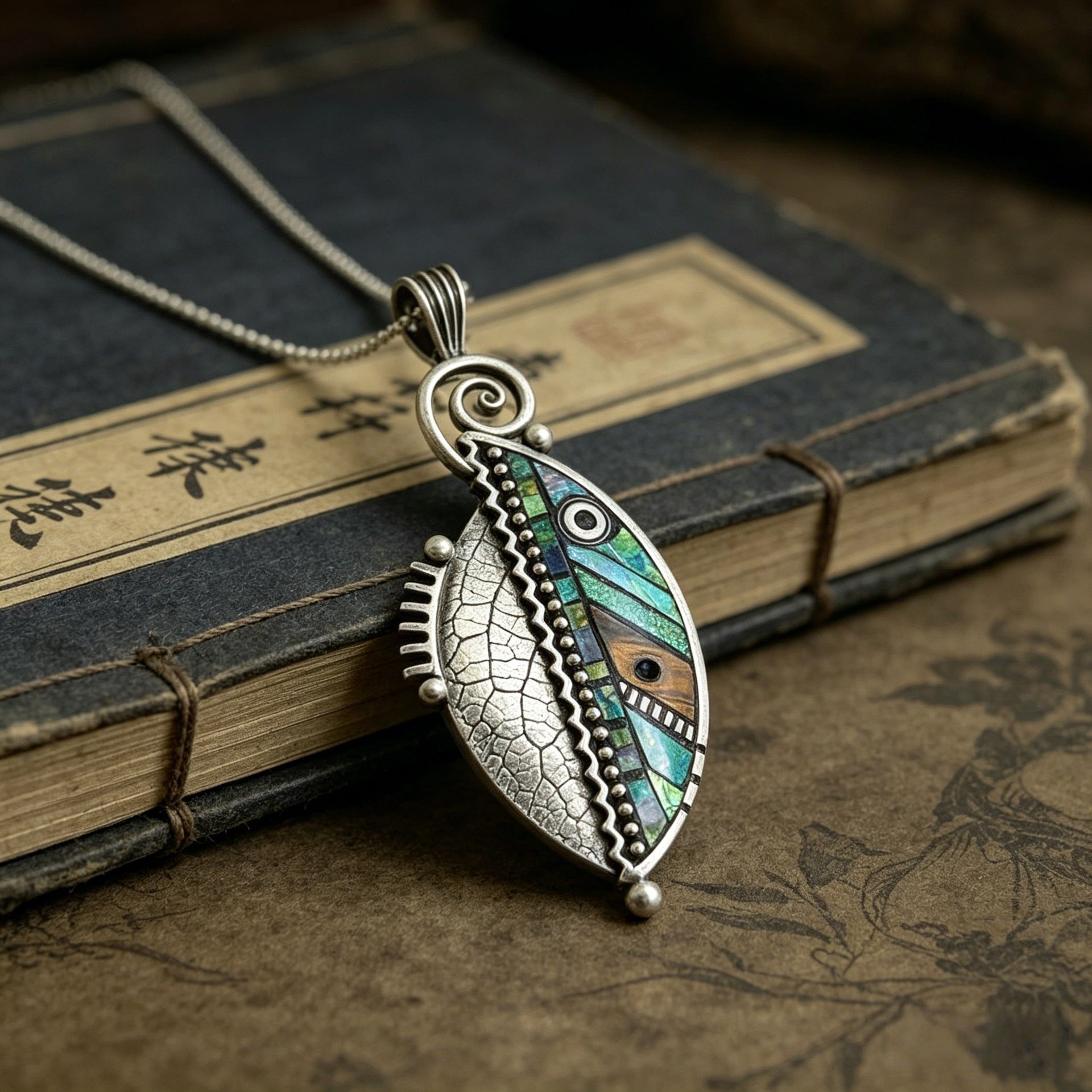Wholesale Silver Plated Alloy Fashion Necklace With Iridescent Faux Wood Green Leaf Pendant Creative Zigzag Design For Everyday Wear