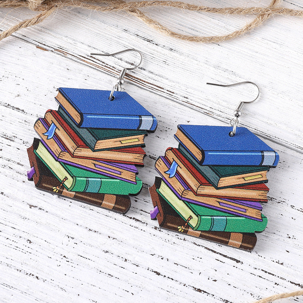 Wholesale Teacher's Day Book Wooden Double-Sided Earrings