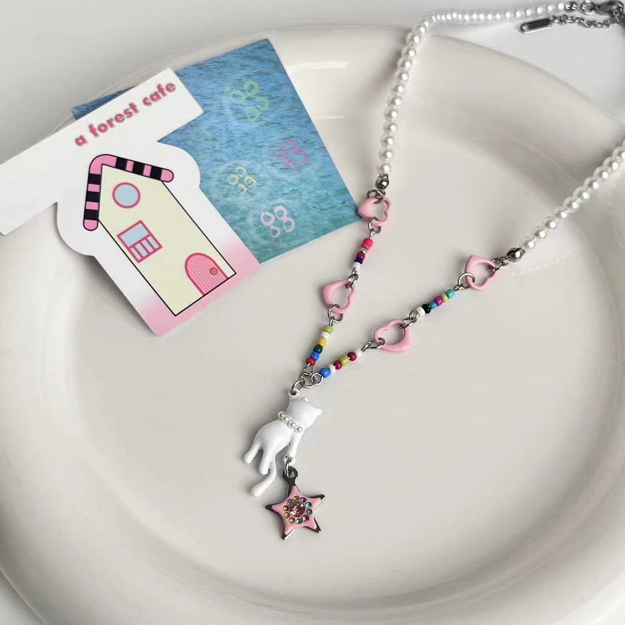 Wholesale Black and White Cat Pink Stars Beaded Necklace