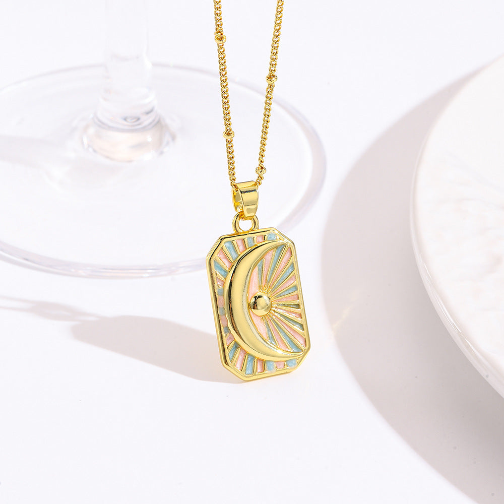 Wholesale square color dripping copper love conch shell eye moon jellyfish tarot pendant necklace