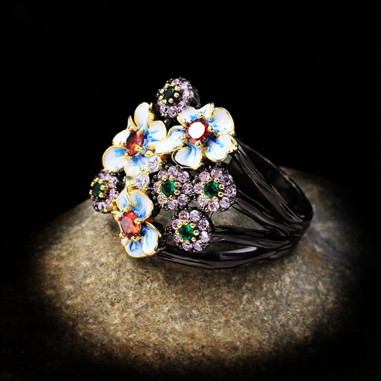 Wholesale Color Zircon Black Gold Flower Three-piece Ring Necklace Earrings  Jewelry