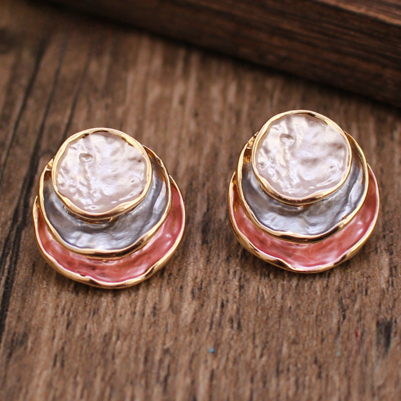 Wholesale  color painting oil three-layer round cake earrings