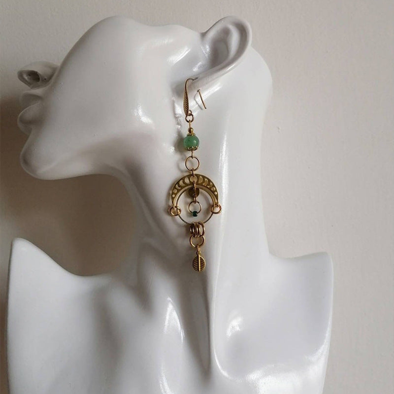 Wholesale Retro Moon Phase Hollow Alloy Earrings,  Jade Leaf Pattern,  Electroplated Finish,  Party Gift,  Boutique Resale