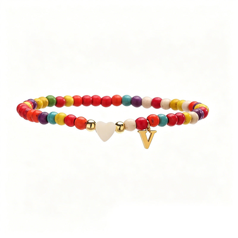 Wholesale Chic 26 Letter Heart Charm Bracelet Turquoise Rice Beads Handmade Women S Jewelry Gift
