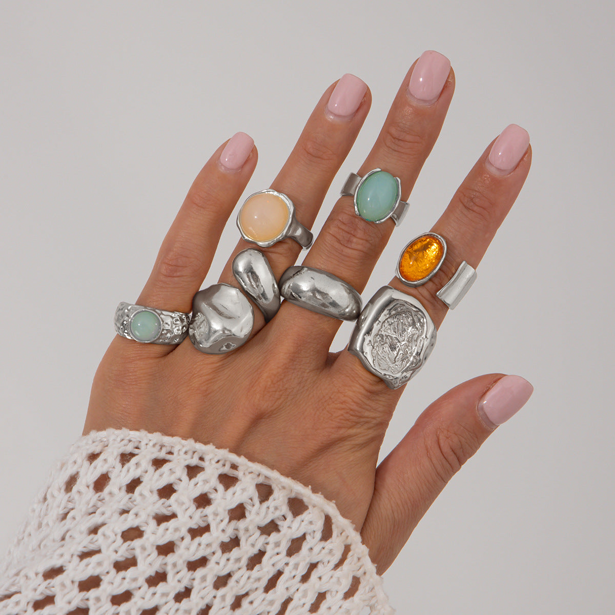 Wholesale Vintage Niche Knocking Pattern Open Ring Set - Alloy with Artificial Gemstone,  Fashion Jewelry Accessory for Women