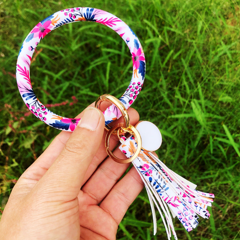 Wholesale Western Style Leopard Print Cow Print Cactus Leather Wristlet Keychain ACC-KC-QiuXue003