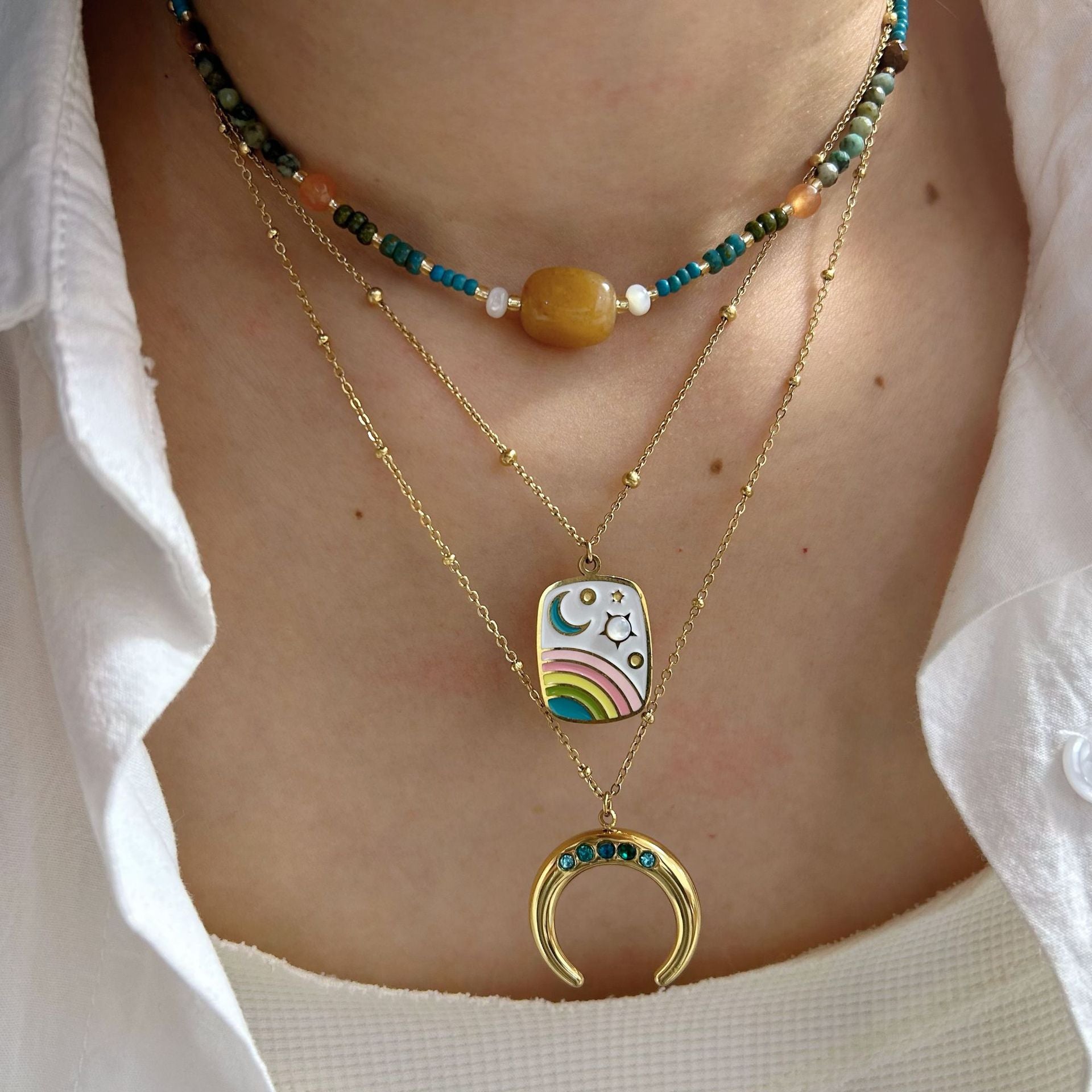 Wholesale Natural stone necklace with diamond moon oil drop sun titanium steel chain