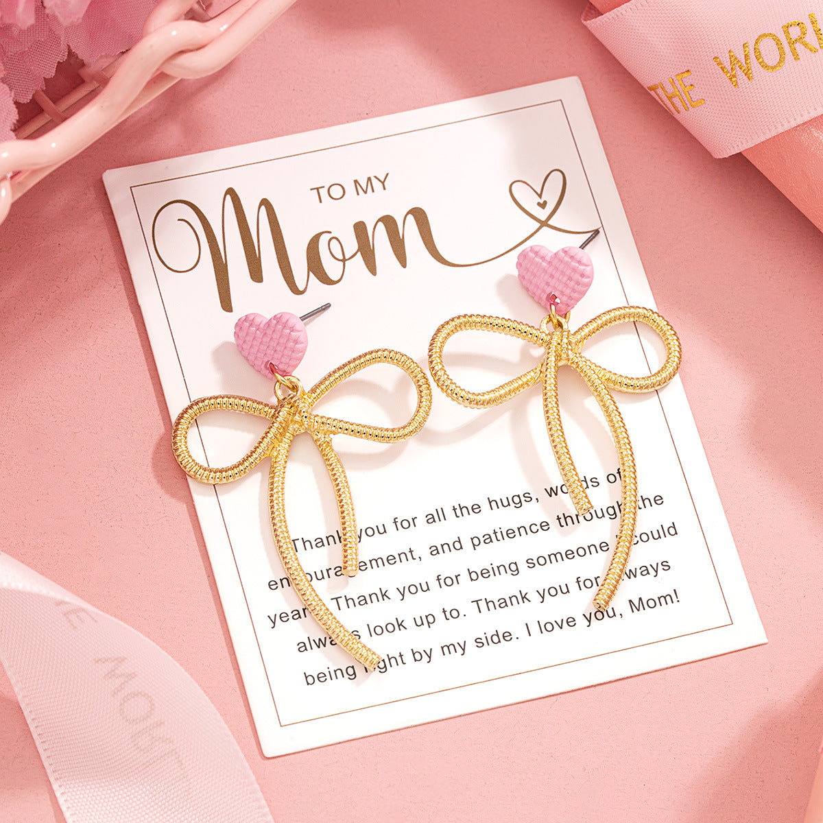Wholesale Mother' s Day Alloy Bow Heart Earrings