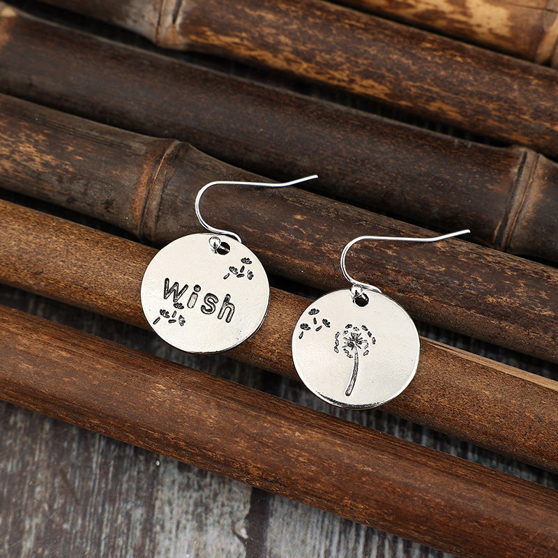Wholesale  Retro Simple Style Disc Engraved Letter Dandelion Alloy Earrings
