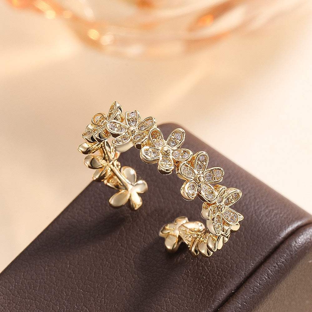 Wholesale Chic Gold Plated Flower Zircon Adjustable Ring For Women Fashion Jewelry Accessory