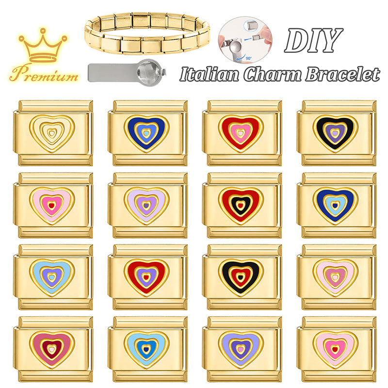 Wholesale Stainless Steel DIY Heart Shaped Bracelet Charms Electroplated Gold Colorful Love Theme Jewelry Making Accessories