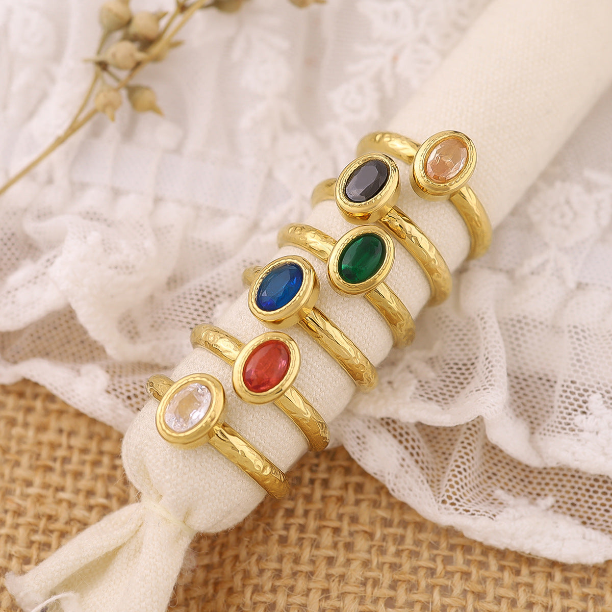 Wholesale retro style color zircon ring  open stainless steel adjustable ring