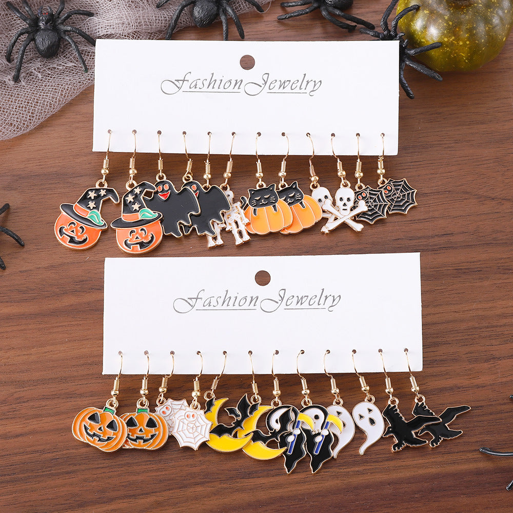 Wholesale Zinc Alloy Electroplated  Pumpkin Skull 6 Piece Pendant Earring Set Witch Ghost Theme Trendy Party Gift Jewelry Accessory