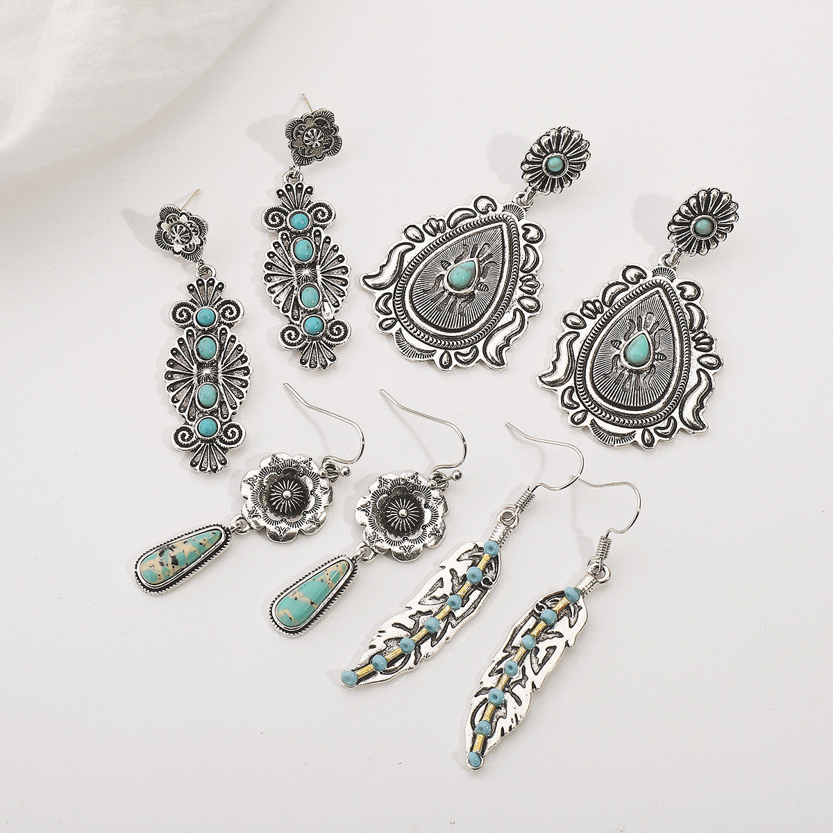 Wholesale vintage Artistic Carved Ancient Silver Earrings Bohemian Ethnic Style with Turquoise Earrings