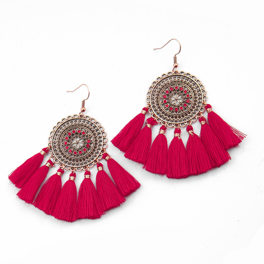 Wholesale Chinese Style Red Tassel Earrings Retro Medieval Festive Jewelry Accessory