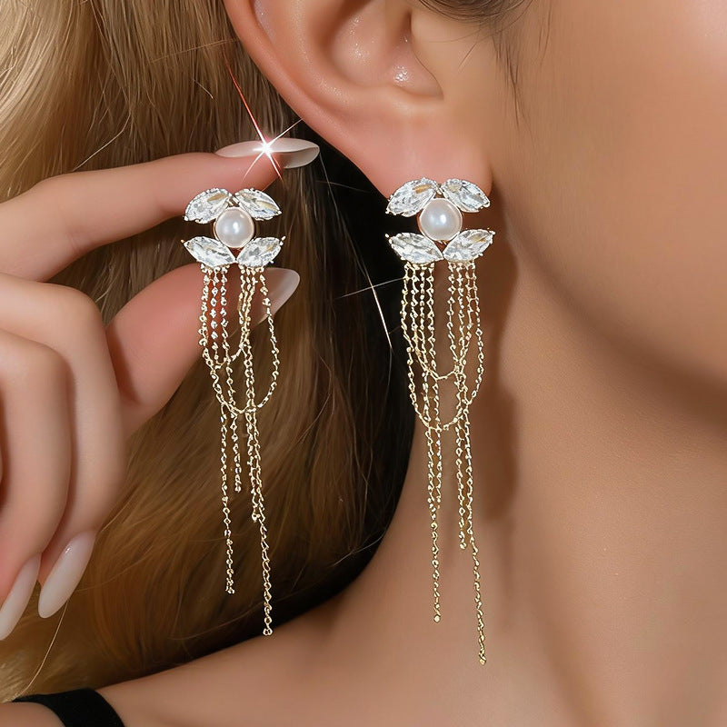Wholesale Silver Needle Zircon Pearl Leaf Tassel Earrings for Party Wear Jewelry Accessory