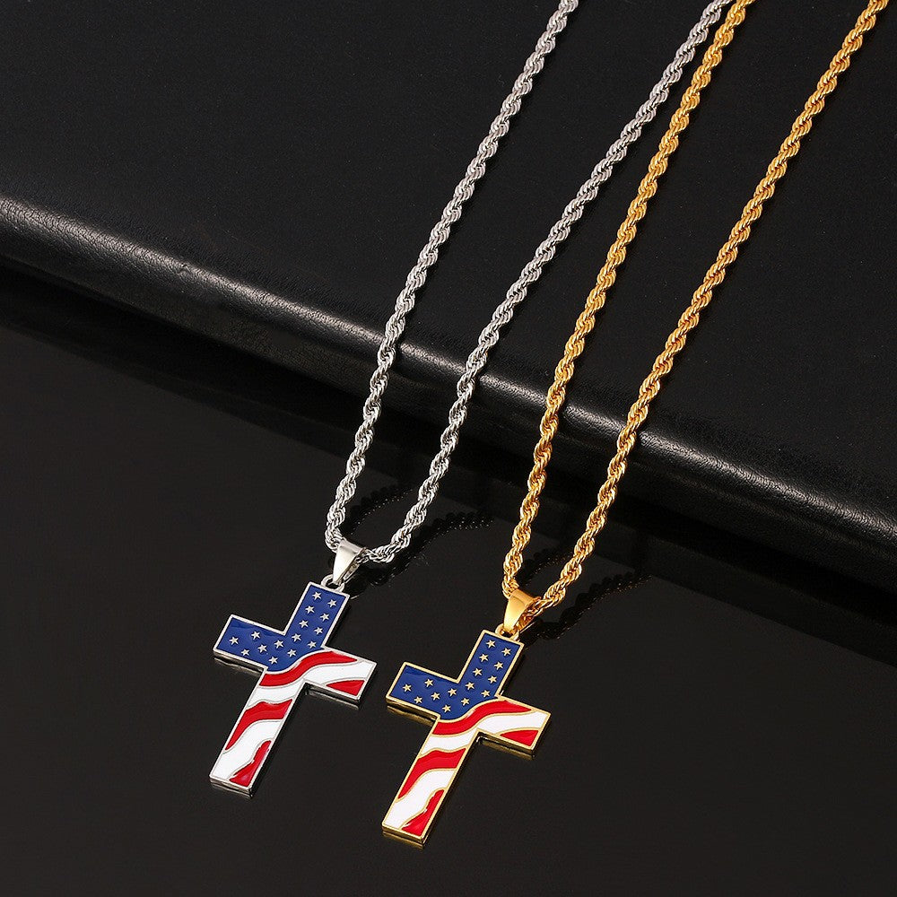 Wholesale Independence Day American Flag Cross Gold Plated Alloy Necklaces ACC-NE-Aya002
