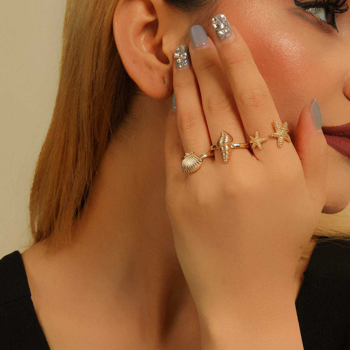 Wholesale Women S Adjustable Starfish Seashell Open Ring Set Gold Electroplated Fashion Jewelry Gift
