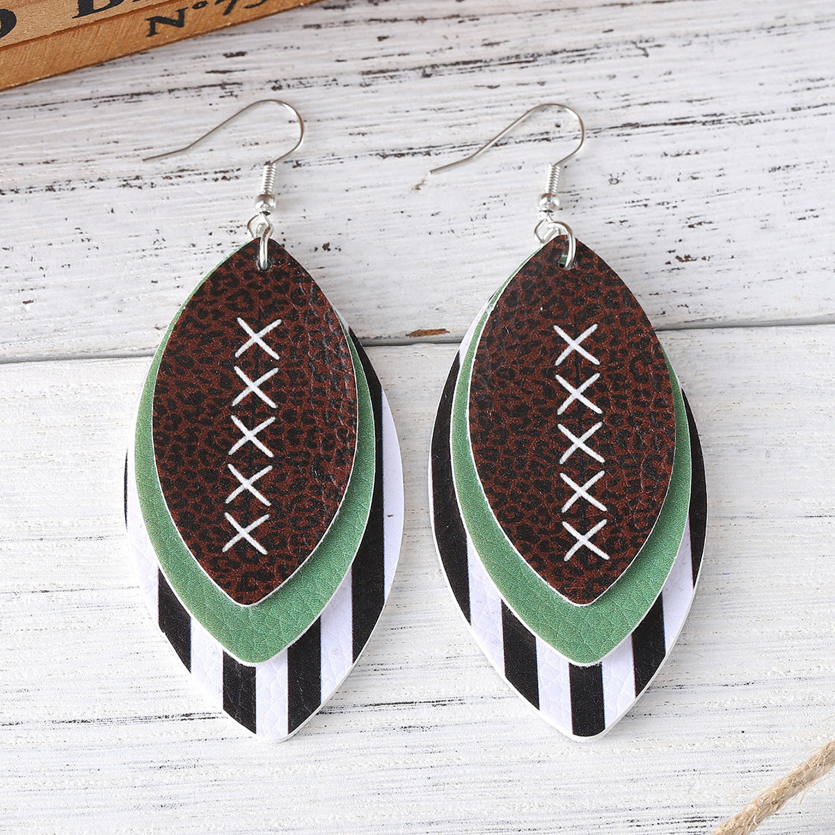 Wholesale Layered Rugby Leopard Stripe Leaf Drop Earrings