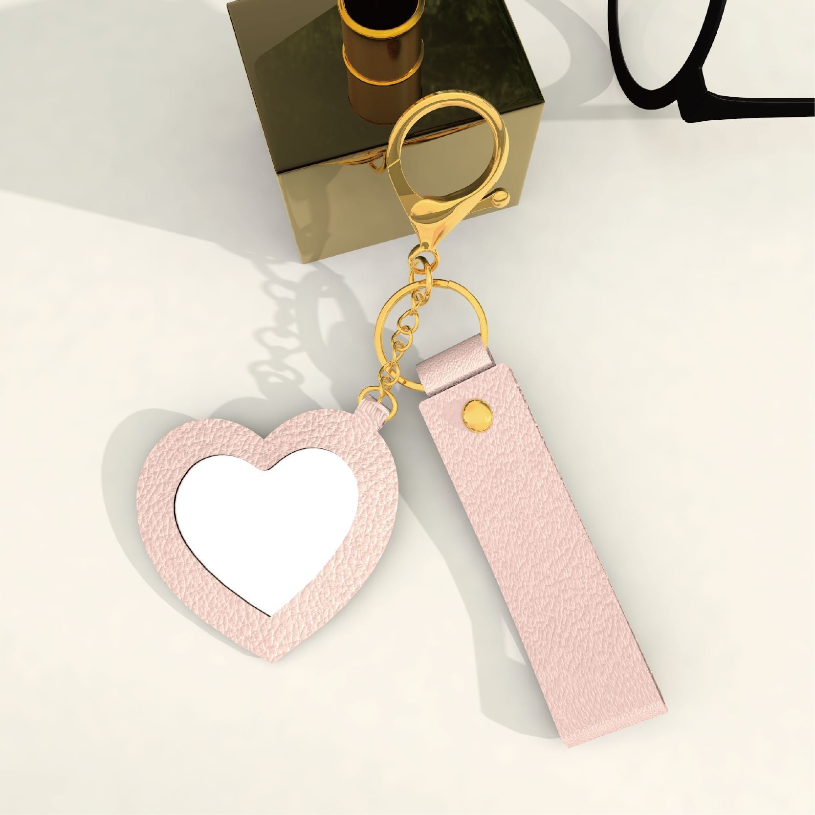 Wholesale Cute and creative PU keychain with a heart-shaped makeup mirror