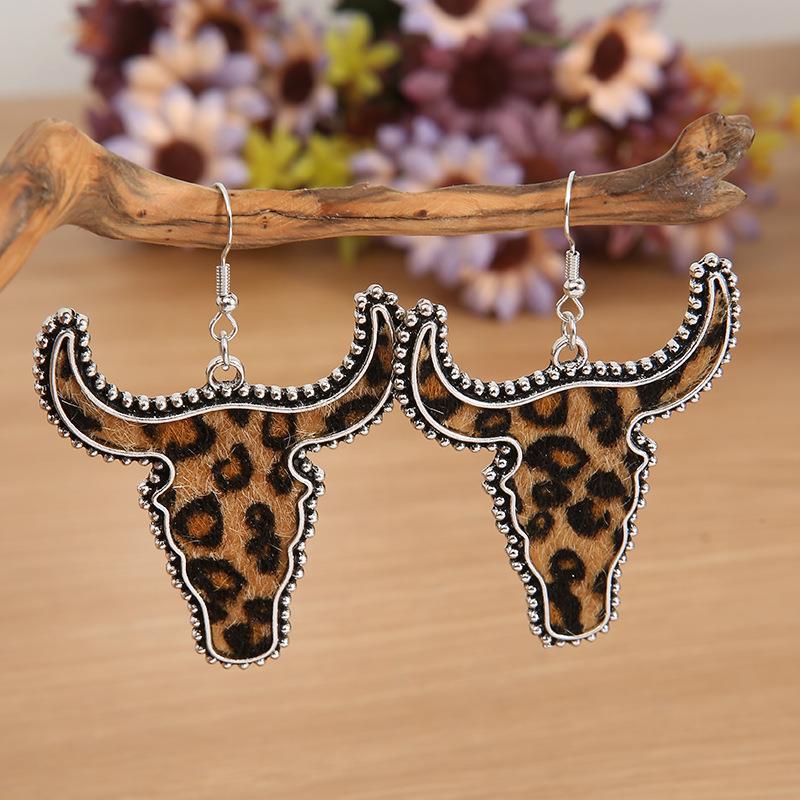 Wholesale Vintage Plush Bull Head Leopard Alloy Earrings