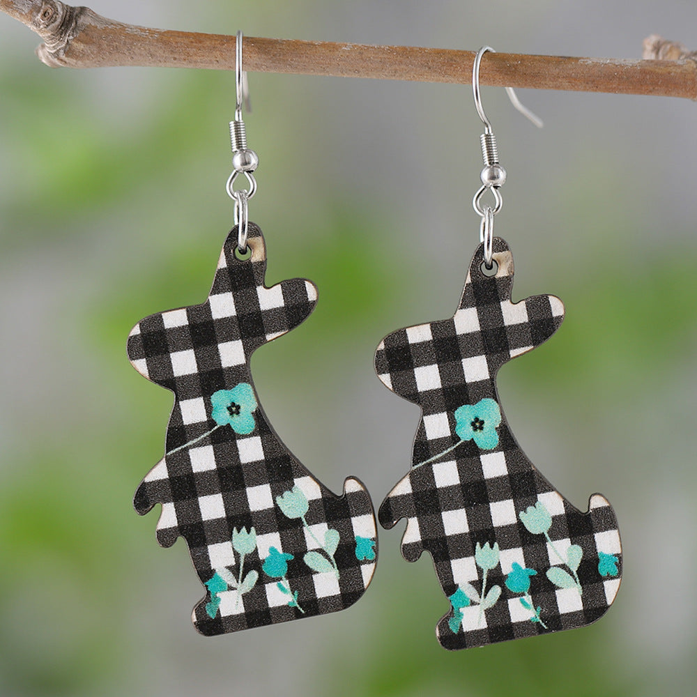 Wholesale Easter Black and White Check Flower Bunny Pendant Earrings
