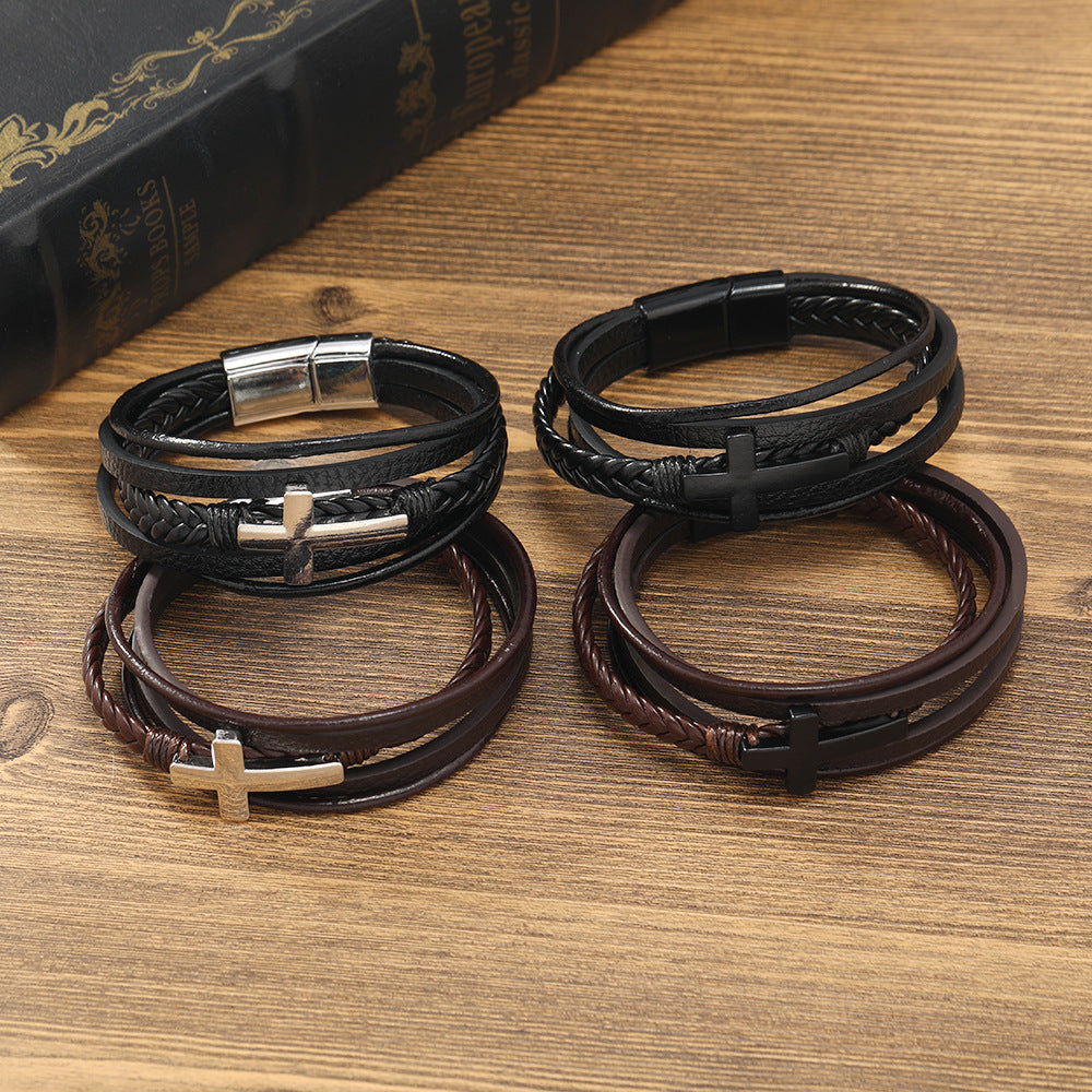 Wholesale Men's Braided Leather Magnetic Clasp Cross Alloy Bracelet