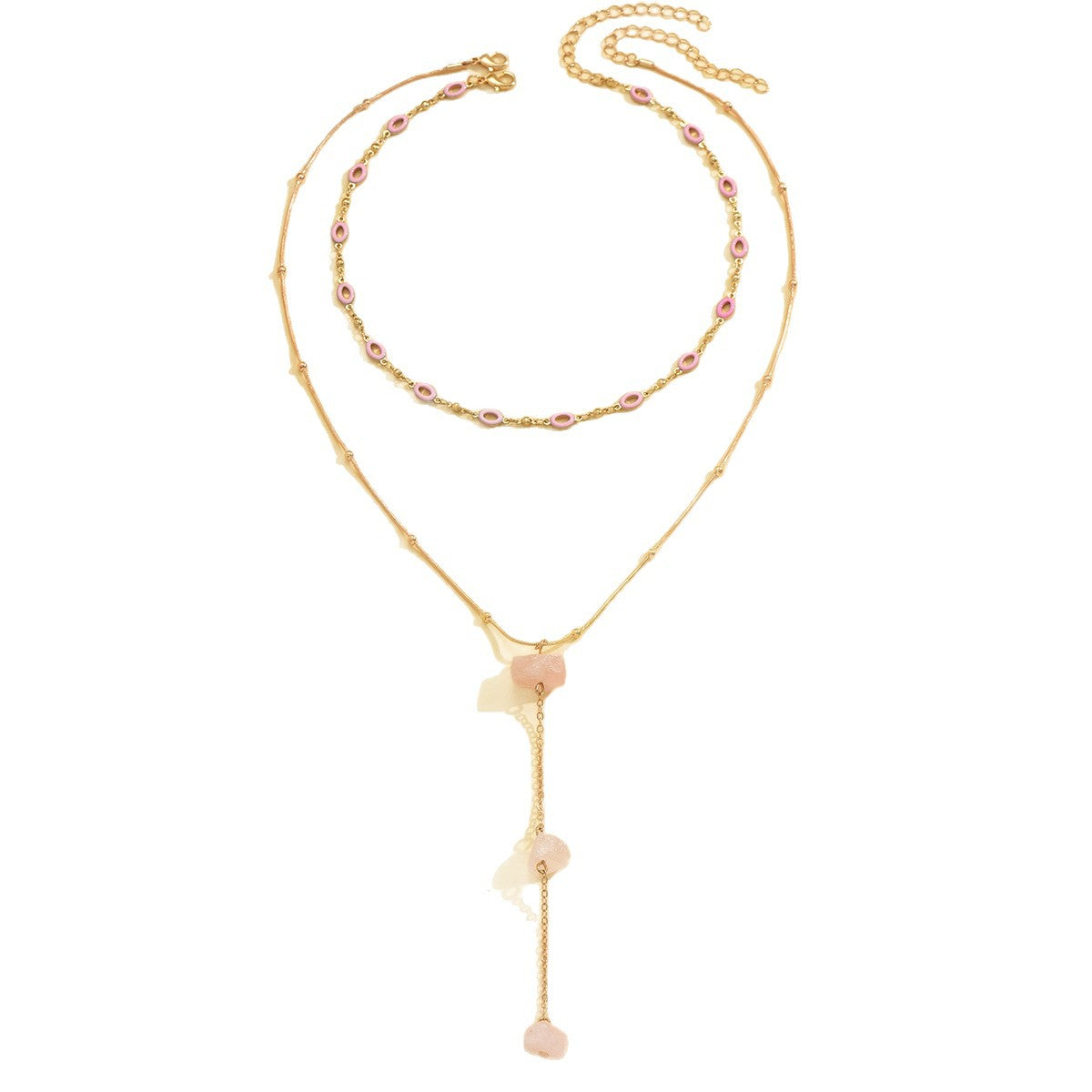 Wholesale light pink crushed stone pendant Y-shaped heart  necklace