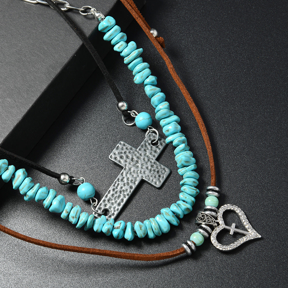Wholesale Retro Ethnic Turquoise Beaded Layered Leather Choker Necklace Set With Cross Heart Pendant For Women